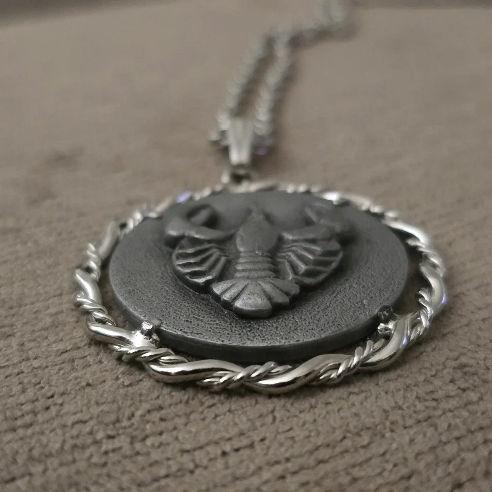 Vintage Cancer Zodiac Pendant Necklace Anson Pewter Silver Tone 24